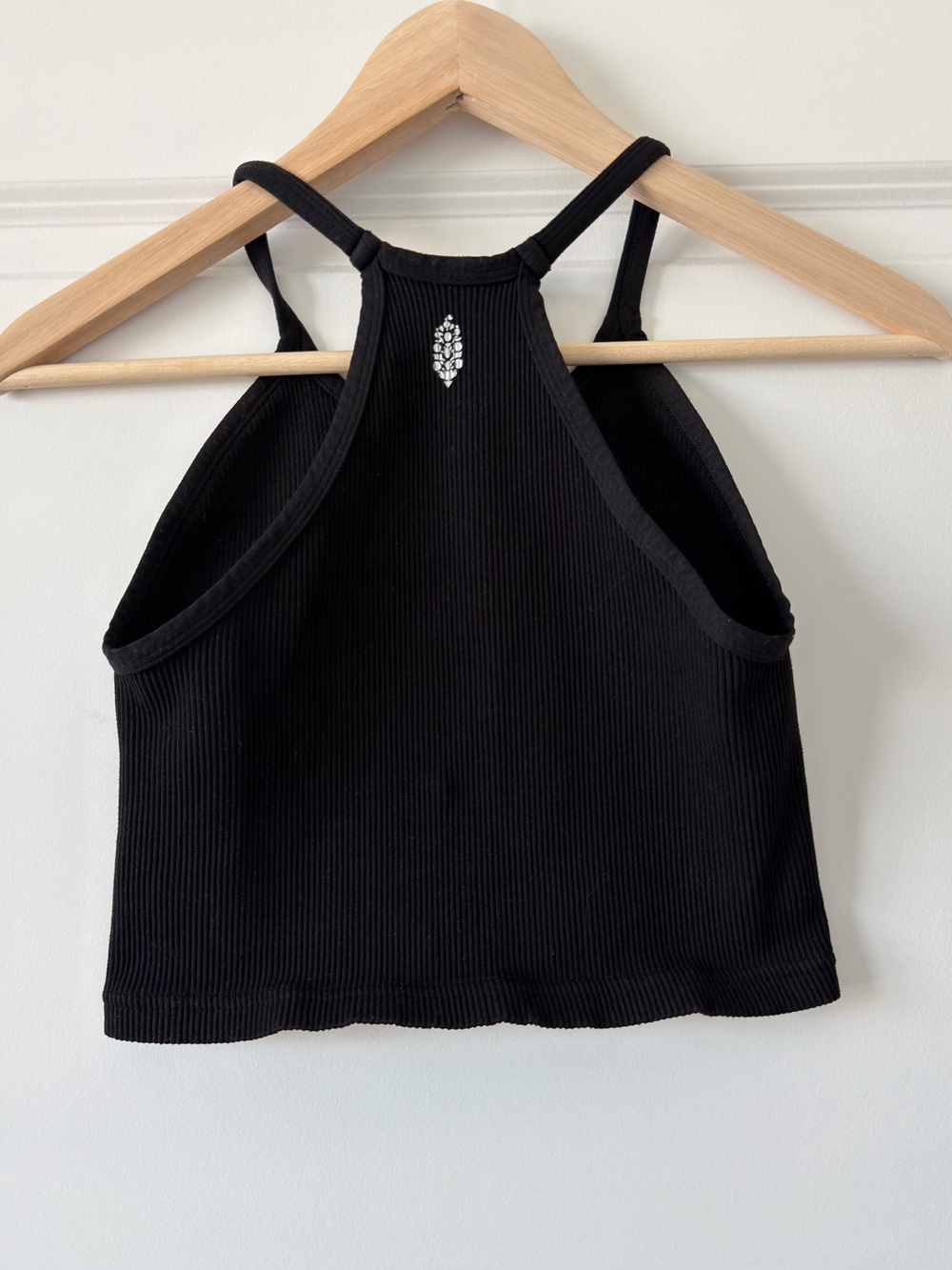 Free People Black Ribbed Halter Crop Top with Rhinestone Accent